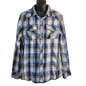 BKE Men's Standard Fit Blue Black White Plaid Button Up Shirt Sz M